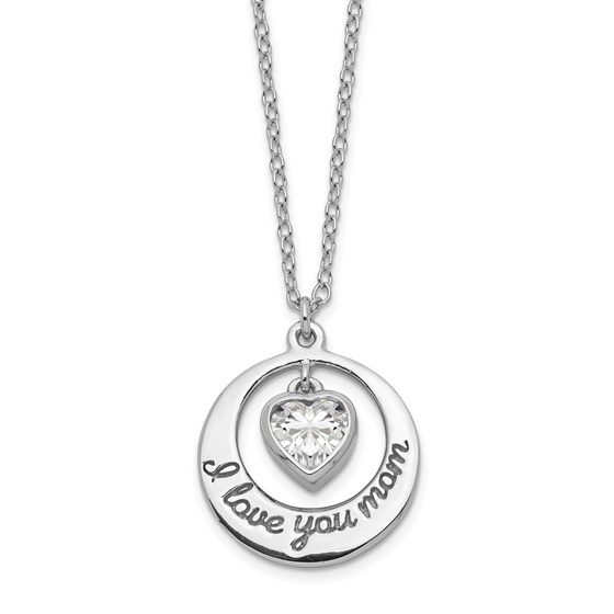 Sterling Silver RP CZ Heart I Love You Mom Necklace - 17 in. Sterling Silver RP CZ Heart I Love You Mom Necklace - 17 in.