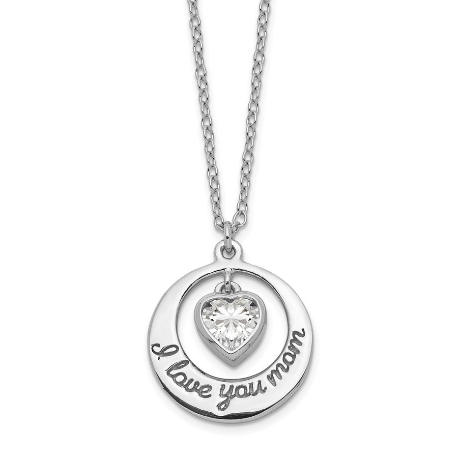 Sterling Silver RP CZ Heart I Love You Mom Necklace - 17 in.