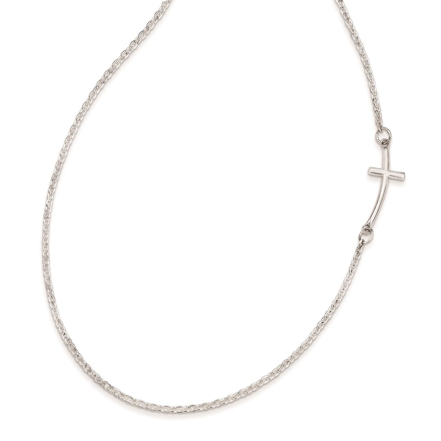 Sterling Silver RP Small Sideways Curved Cross Necklace - 14 in.