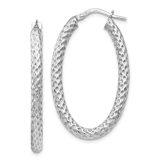 Sterling Silver Textured Oval Hinged Hoop Earrings - 35 mm