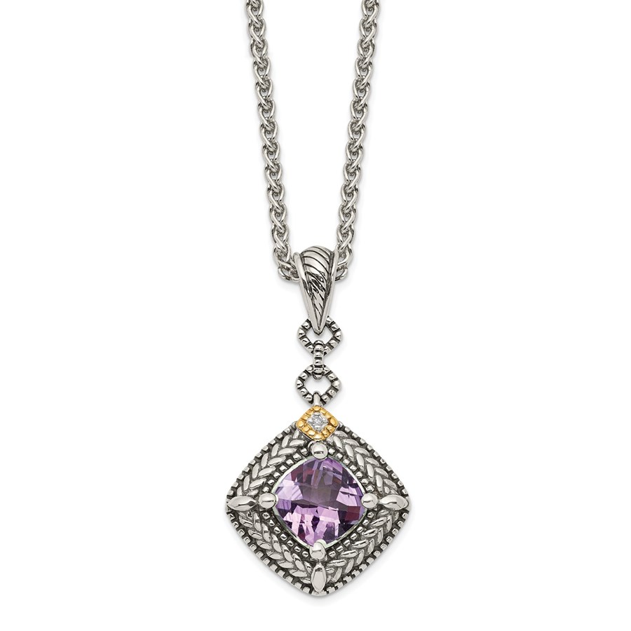 Sterling Silver w/ 14K Accent Amethyst & Diamond Dangle Necklace