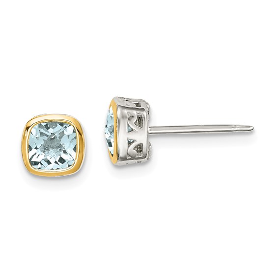 Sterling Silver w/14k Accent Aquamarine Square Stud Earrings
