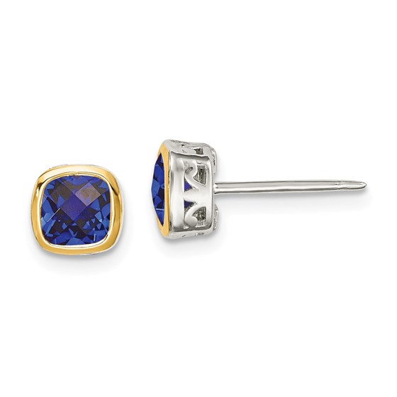 Sterling Silver w/14k Accent Sapphire Square Stud Earrings