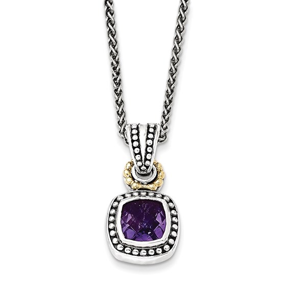 Sterling Silver w/14k Antiqued Amethyst Square Necklace