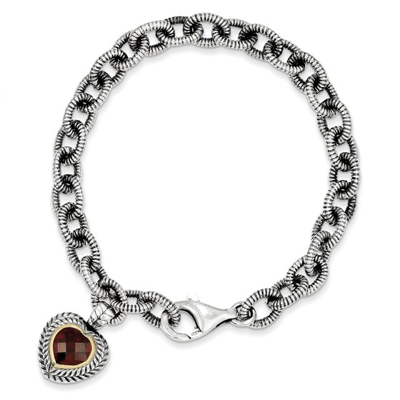 Sterling Silver w/14k Garnet Heart Link Bracelet