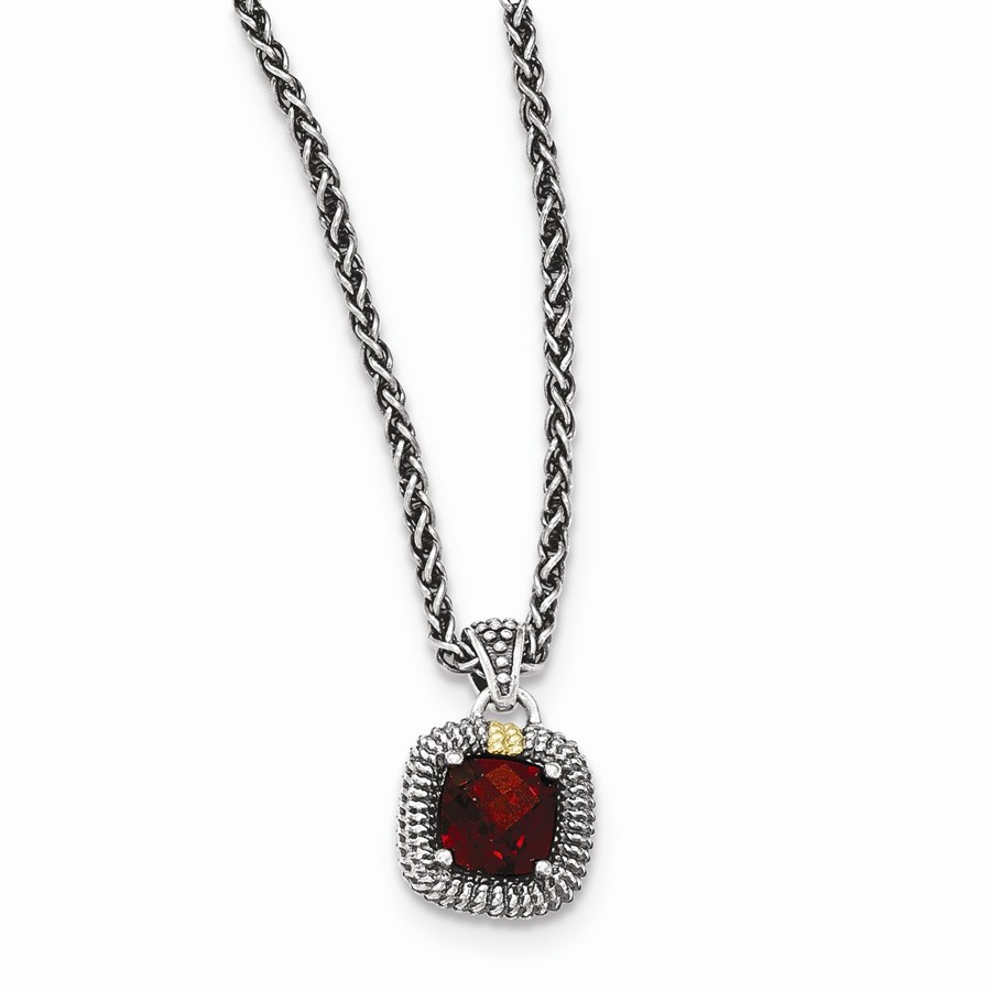 Sterling Silver w/14k Garnet Necklace (Square)