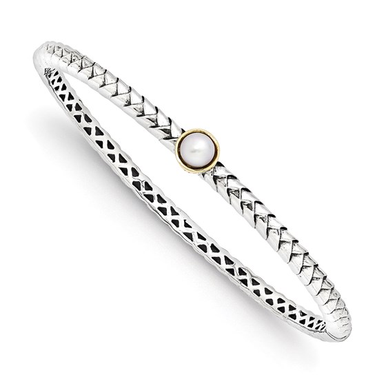 Sterling Silver w/14k Gold 6 mm Cultured Pearl Bangle Bracelet