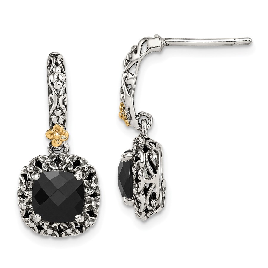 Sterling Silver w/14k Yellow Gold Polished Drop Onyx Earrings