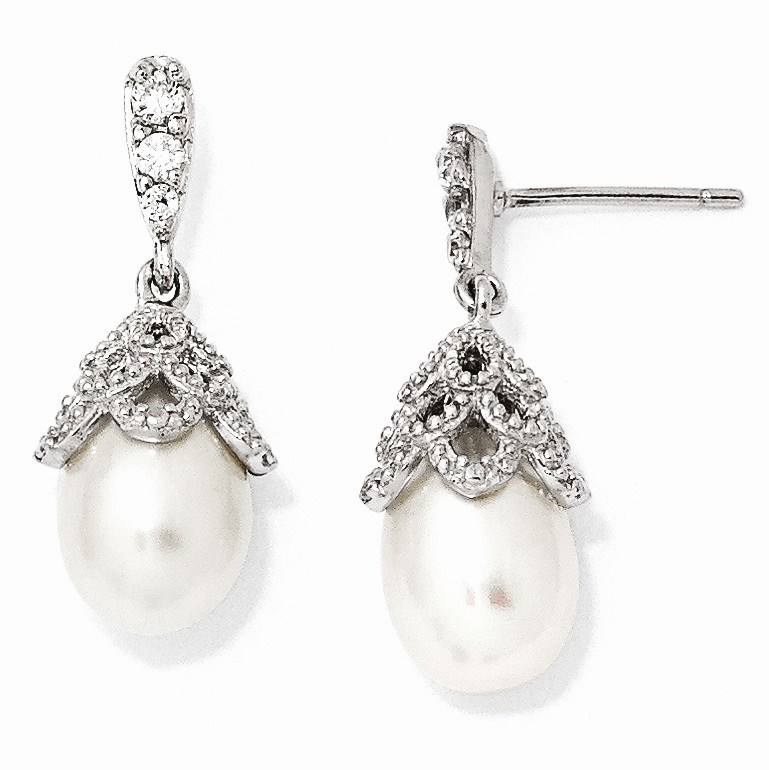 Sterling Silver & Zirconia Cultured Pearl Dangle Earrings