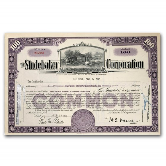 Studebaker Corporation Stock Certificate (Purple)