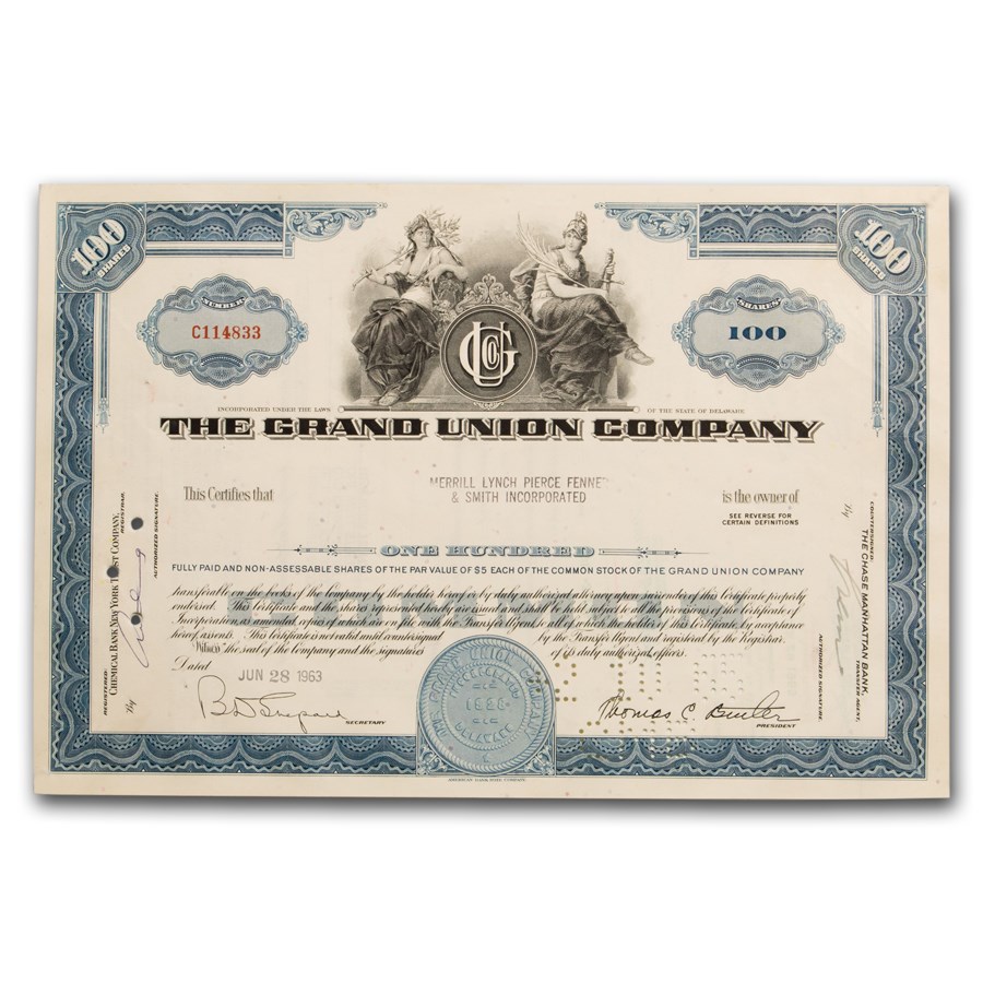The Grand Union Company Stock Certificate 1st Style (Blue)