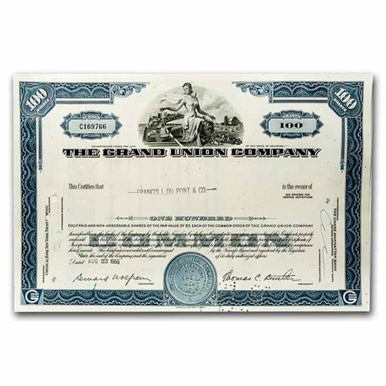 The Grand Union Company Stock Certificate 2nd Style (Blue)