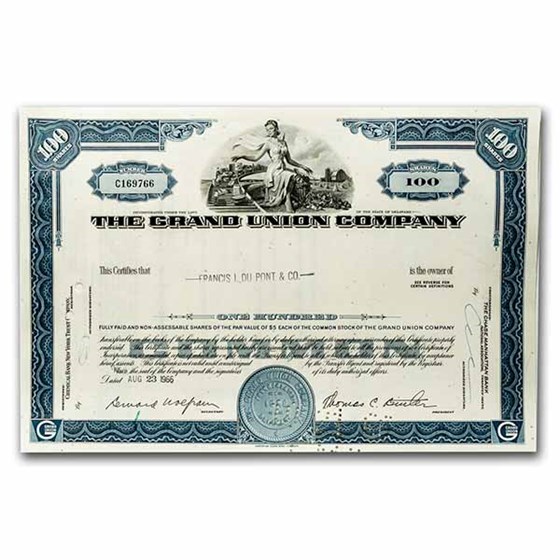 The Grand Union Company Stock Certificate 2nd Style (Blue) The Grand Union Company Stock Certificate 2nd Style (Blue)