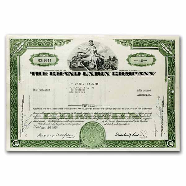 Grand Union Company Stock Certificate 