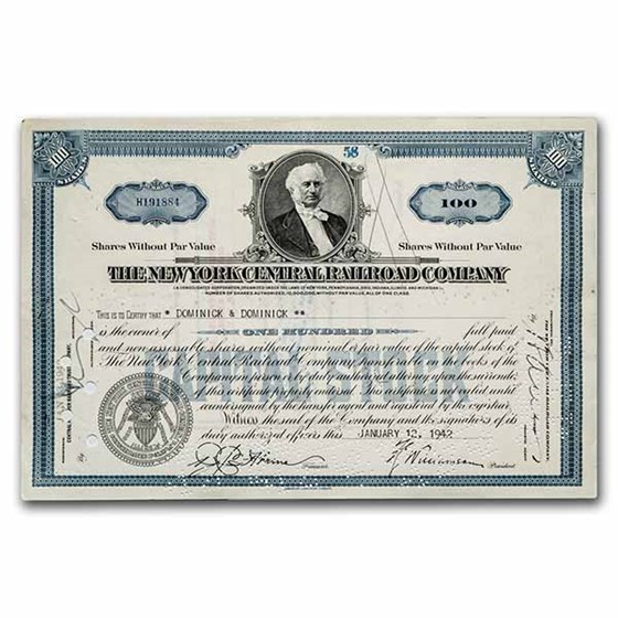 The New York Central Railroad Company Stock Certificate (Blue) The New York Central Railroad Company Stock Certificate (Blue)