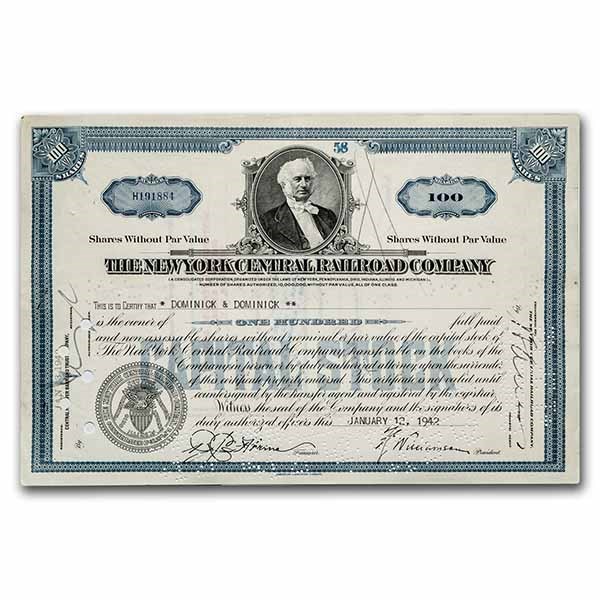 The New York Central Railroad Company Stock Certificate (Blue)