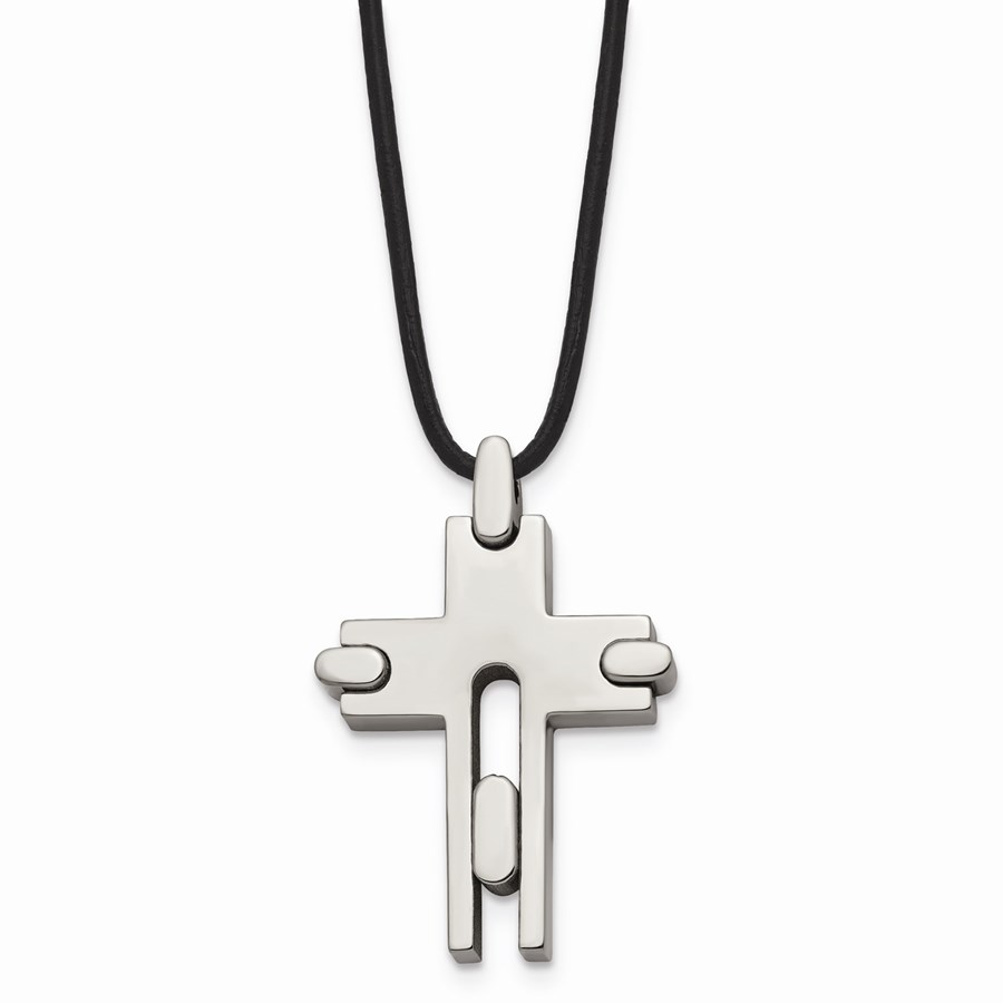 Titanium Leather Cord Cross 18in Necklace - 18 in.