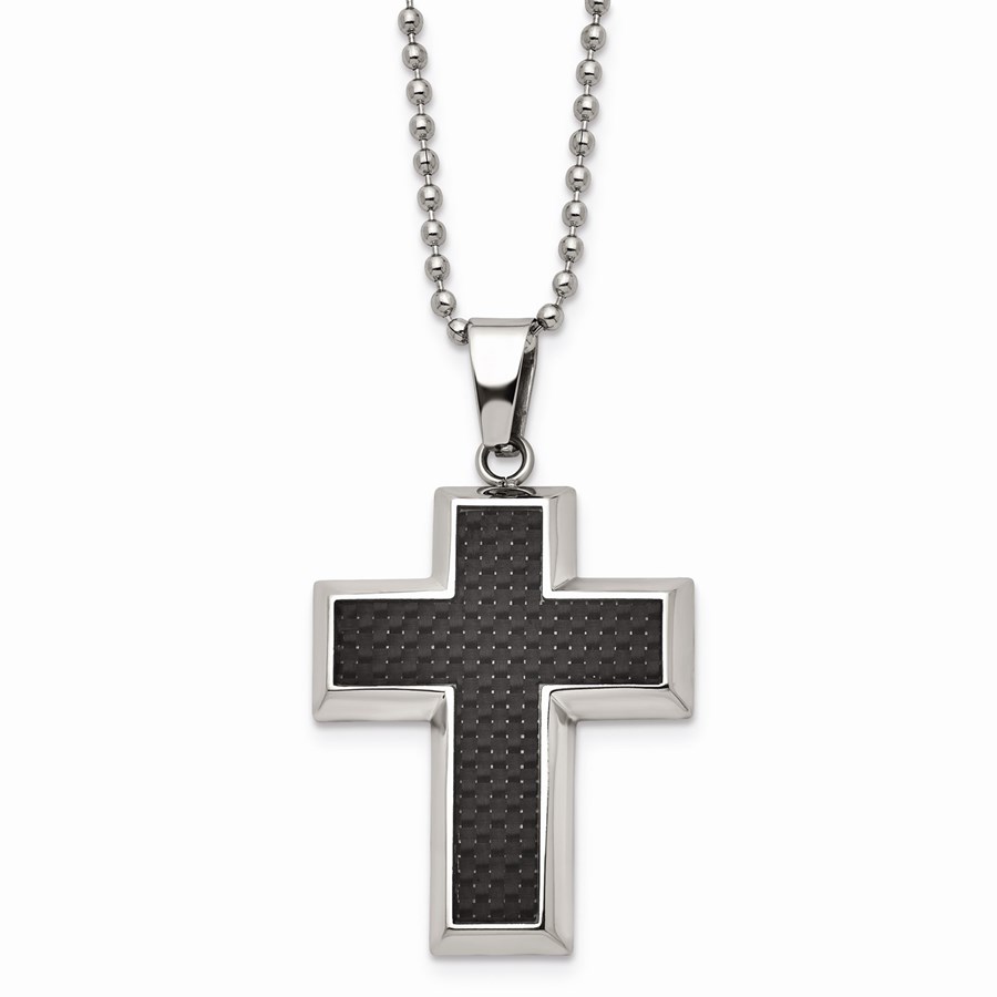 Titanium Polished w/Black CF Inlay Cross Necklace - 22 in.