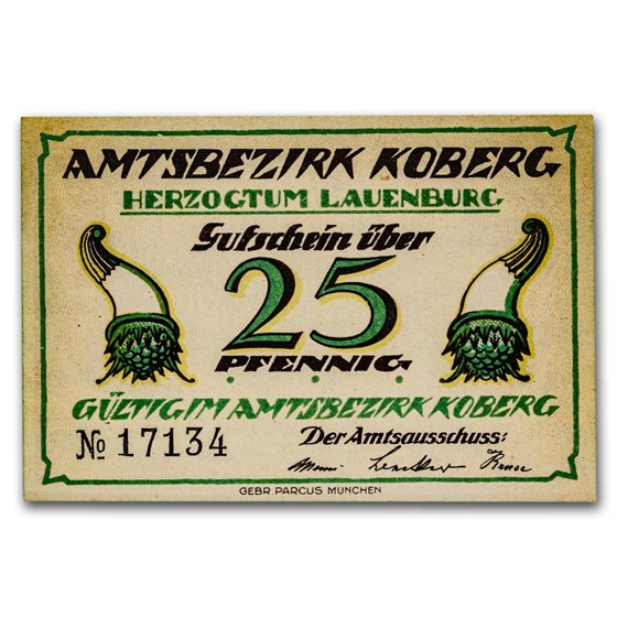(Undated) Notgeld Koberg 25 Pfennig CU (Green/Manilla) (Undated) Notgeld Koberg 25 Pfennig CU (Green/Manilla)