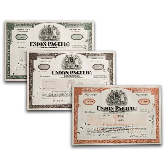 Union Pacific Corporation Stock Certificate - Set of 3 Union Pacific Corporation Stock Certificate - Set of 3