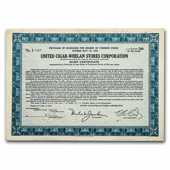 United Cigar-Whelan Stores Corporation Stock Certificate (Blue) United Cigar-Whelan Stores Corporation Stock Certificate (Blue)