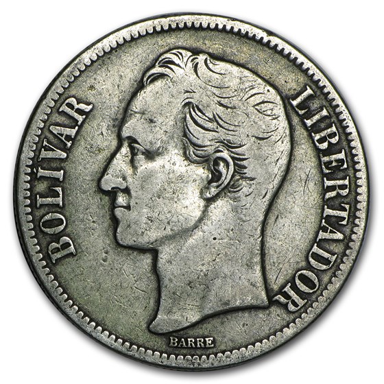 Venezuela Silver 5 Bolivares Avg Circ (ASW .7234) Venezuela Silver 5 Bolivares Avg Circ (ASW .7234)