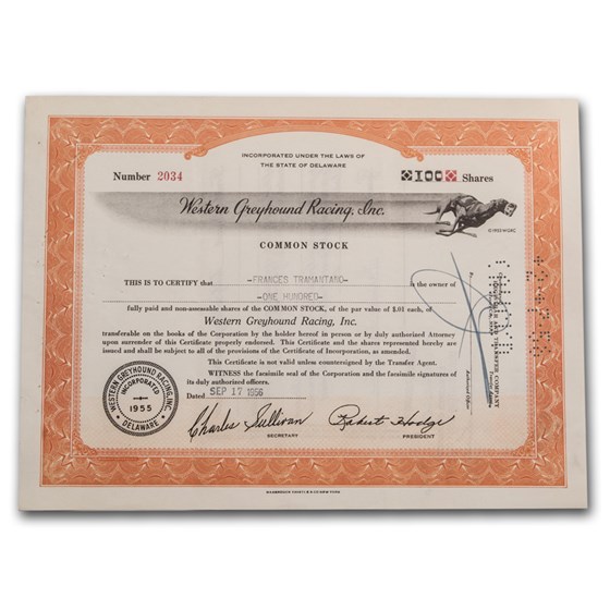 Western Greyhound Racing Inc Stock Certificate