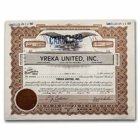 Buy Yreka United, Inc. Stock Certificate APMEX